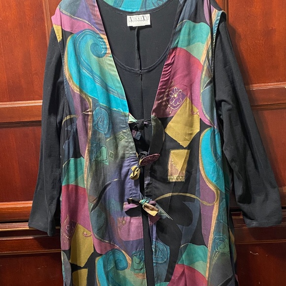 Vikki Vi Pants - Vikki Vi vintage Black body suit and colorful long vest plus size 26 W